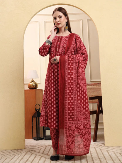 Maroon Pure Cotton Floral Sequins Work A-Line Kurta Trouser Dupatta Set