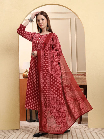 Maroon Pure Cotton Floral Sequins Work A-Line Kurta Trouser Dupatta Set