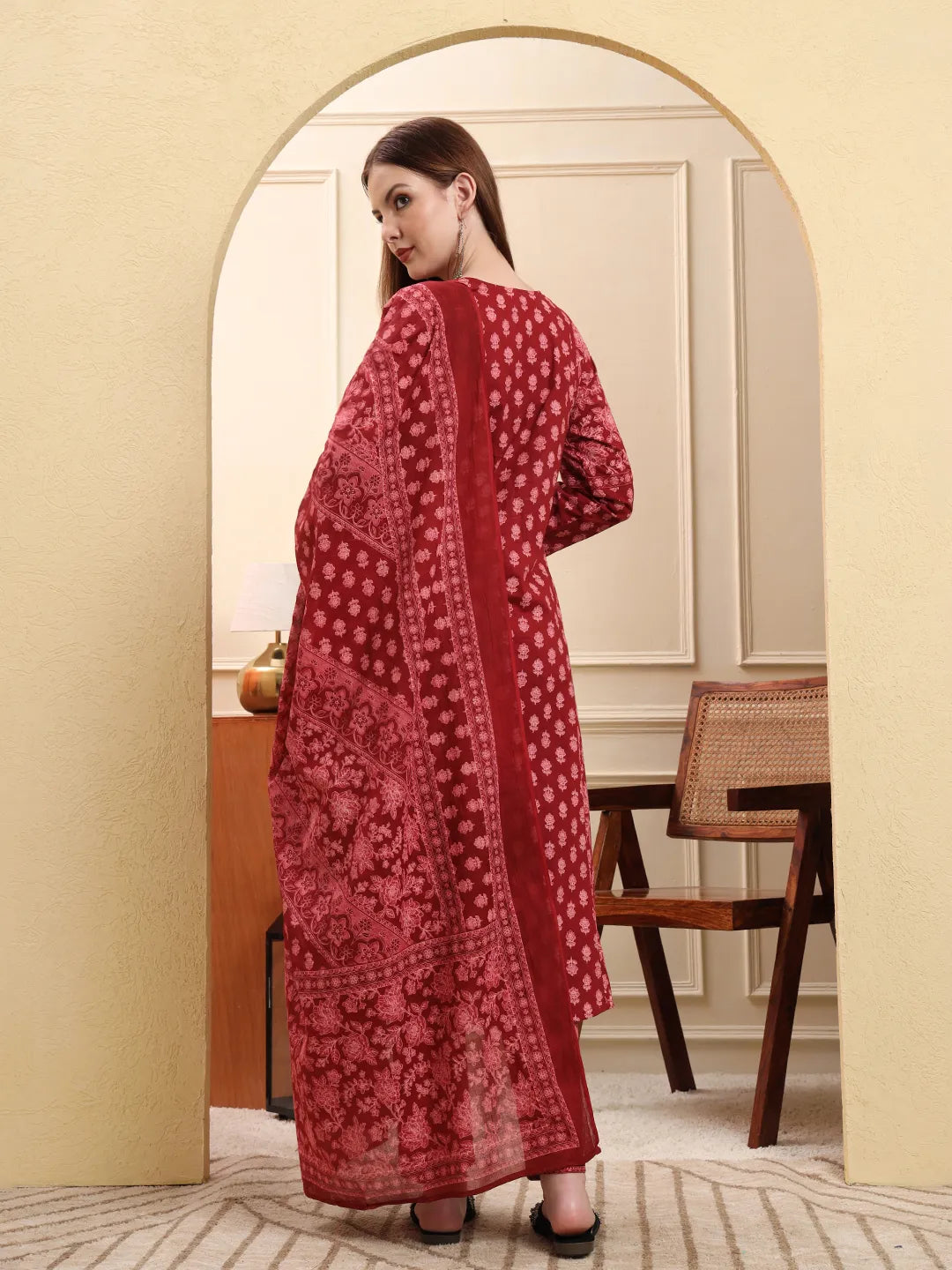 Maroon Pure Cotton Floral Sequins Work A-Line Kurta Trouser Dupatta Set