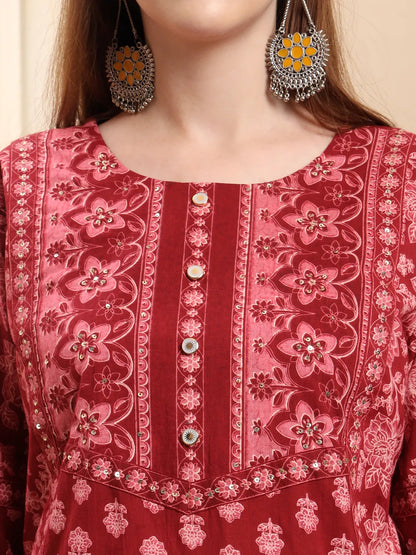 Maroon Pure Cotton Floral Sequins Work A-Line Kurta Trouser Dupatta Set