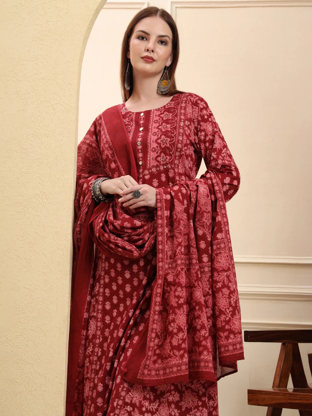 Maroon Pure Cotton Floral Sequins Work A-Line Kurta Trouser Dupatta Set