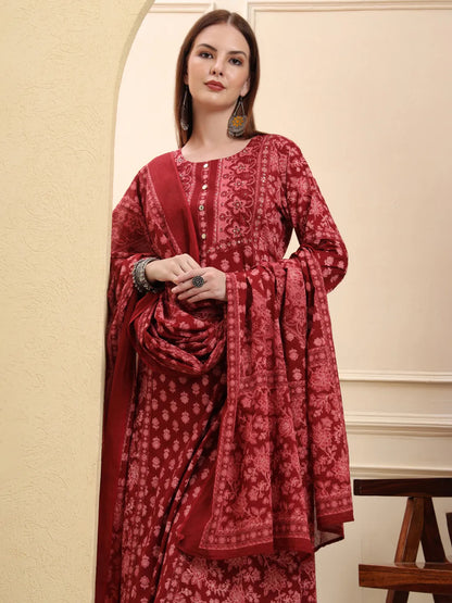 Maroon Pure Cotton Floral Sequins Work A-Line Kurta Trouser Dupatta Set