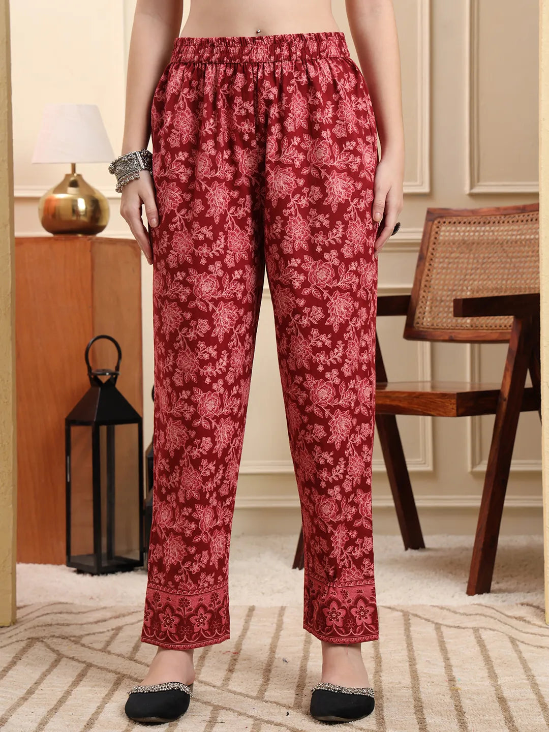 Maroon Pure Cotton Floral Sequins Work A-Line Kurta Trouser Dupatta Set