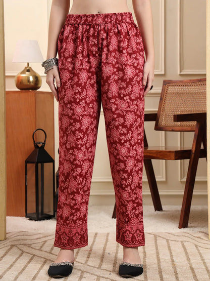 Maroon Pure Cotton Floral Sequins Work A-Line Kurta Trouser Dupatta Set