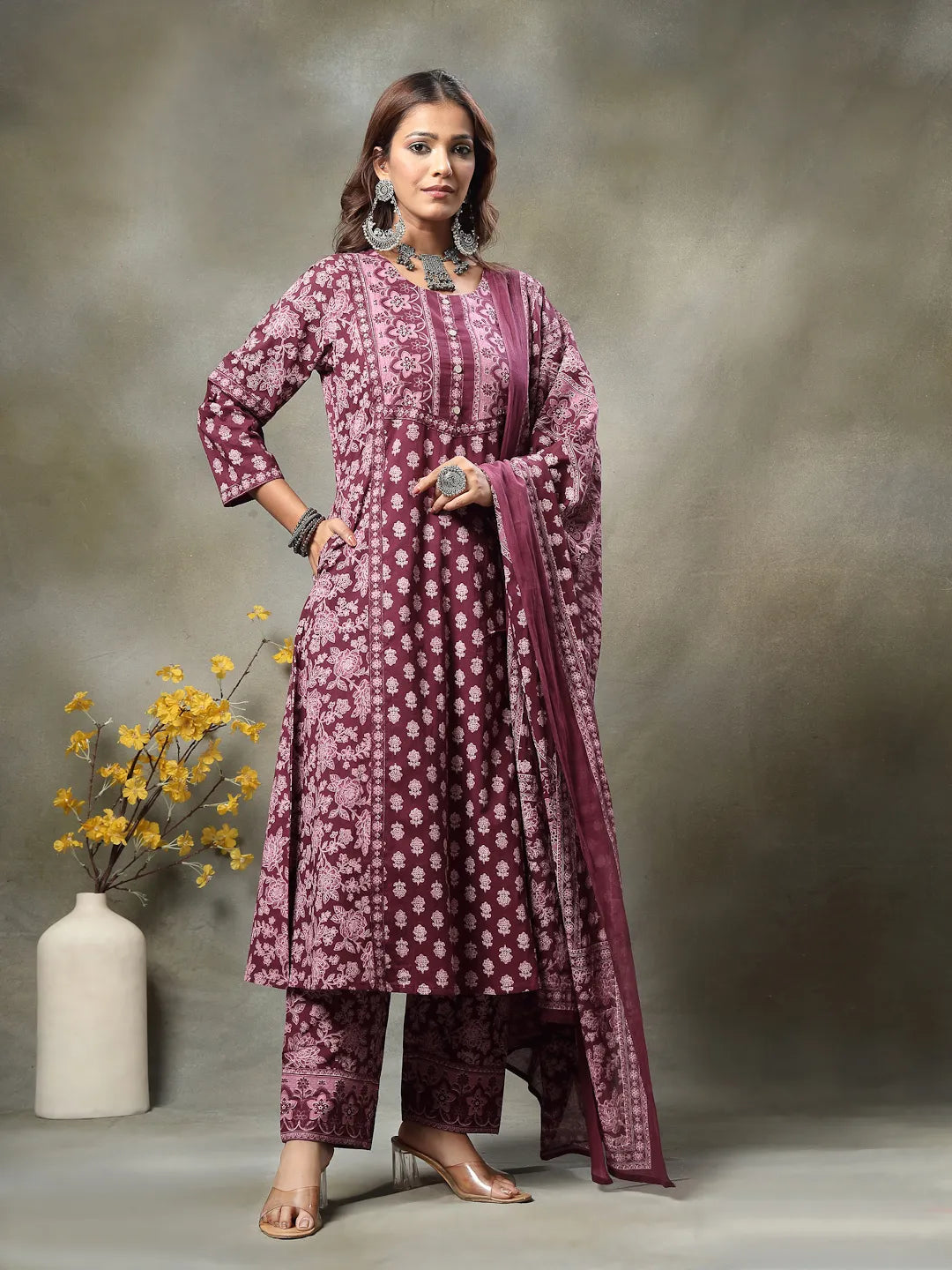 Purple Floral Print Sequins Work Cotton A-Line Kurta And Trouser With Dupatta Set