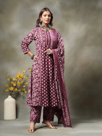 Purple Floral Print Sequins Work Cotton A-Line Kurta And Trouser With Dupatta Set