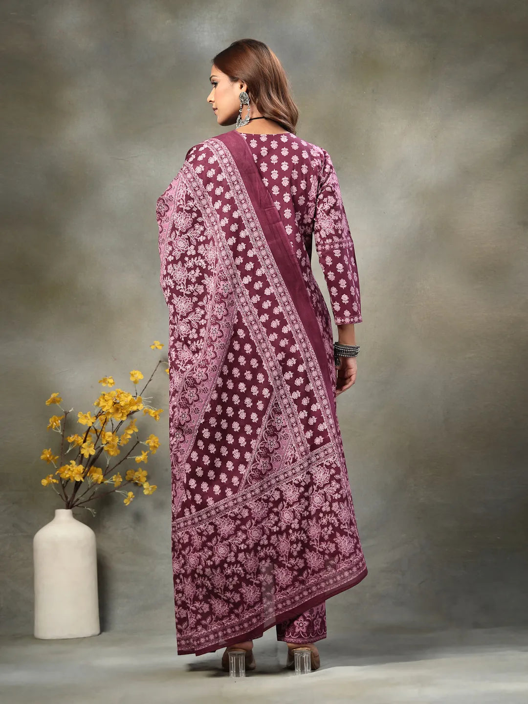 Purple Floral Print Sequins Work Cotton A-Line Kurta And Trouser With Dupatta Set