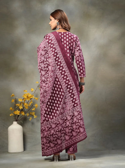 Purple Floral Print Sequins Work Cotton A-Line Kurta And Trouser With Dupatta Set