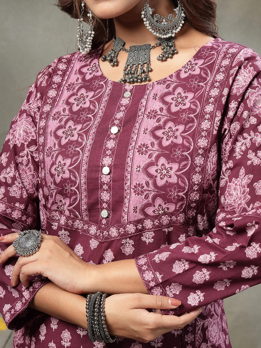 Purple Floral Print Sequins Work Cotton A-Line Kurta And Trouser With Dupatta Set