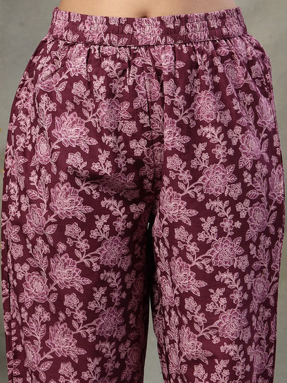 Purple Floral Print Sequins Work Cotton A-Line Kurta And Trouser With Dupatta Set