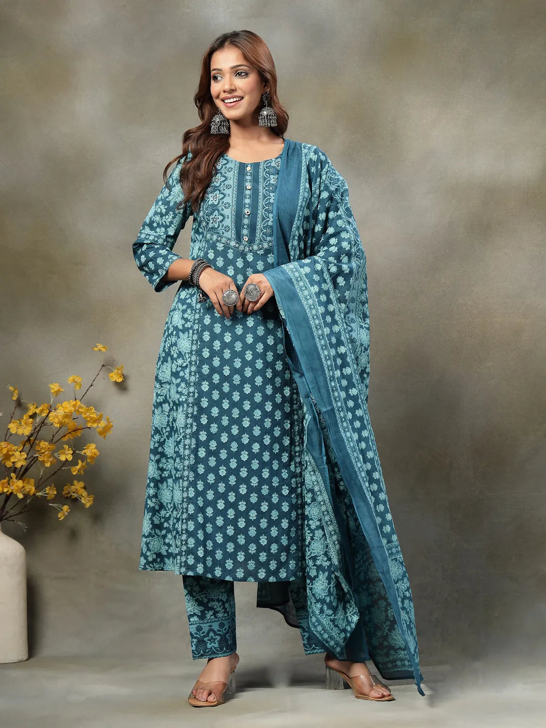 Teal  Floral Print Sequins Work Cotton A-Line Kurta And Trouser With Dupatta Set