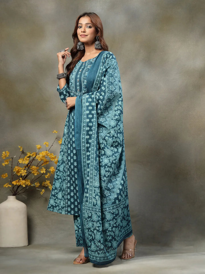 Teal  Floral Print Sequins Work Cotton A-Line Kurta And Trouser With Dupatta Set