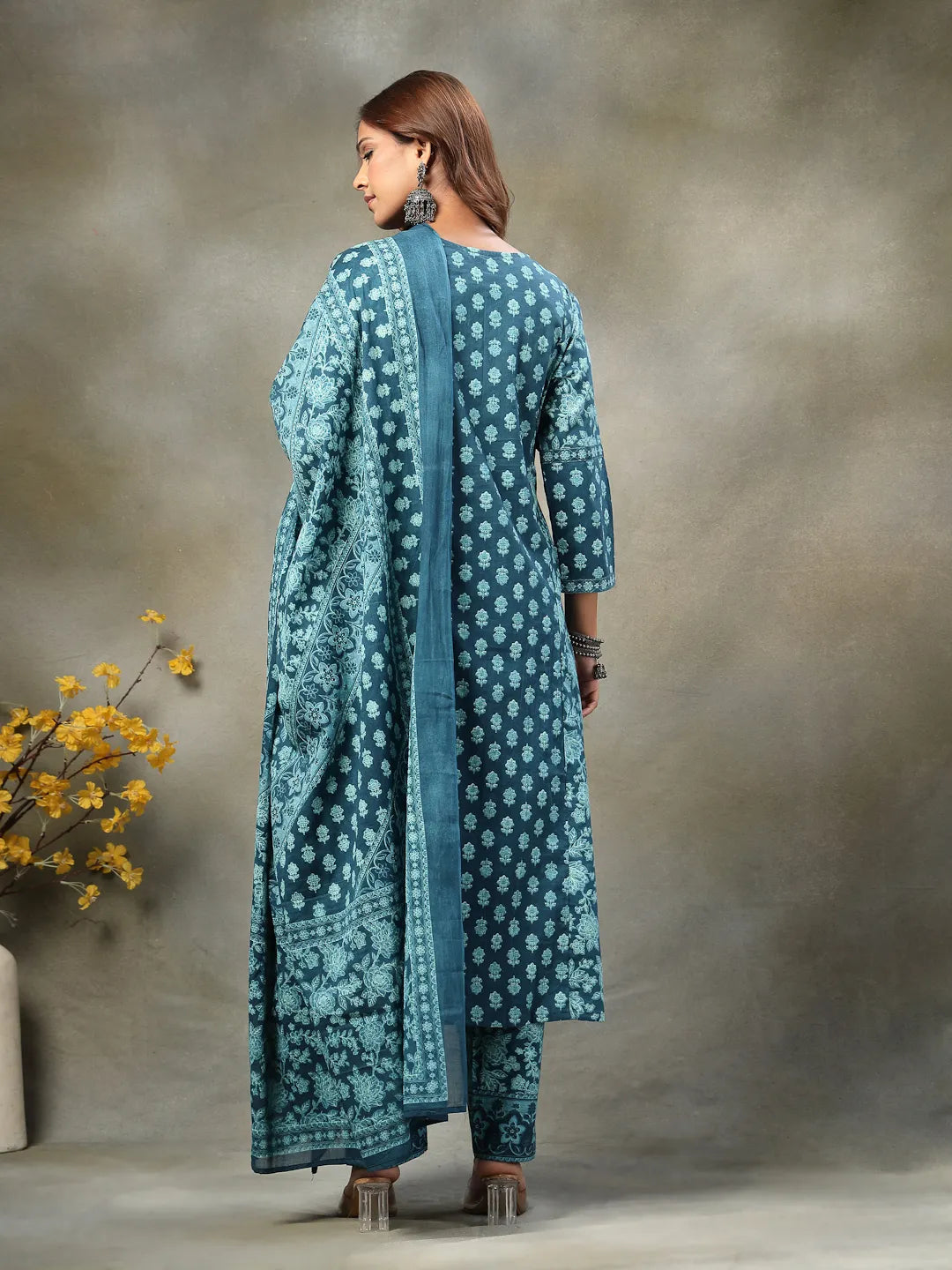Teal  Floral Print Sequins Work Cotton A-Line Kurta And Trouser With Dupatta Set