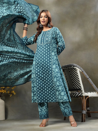 Teal Blue  Floral Print Sequins Work Cotton A-Line Kurta And Trouser With Dupatta Set