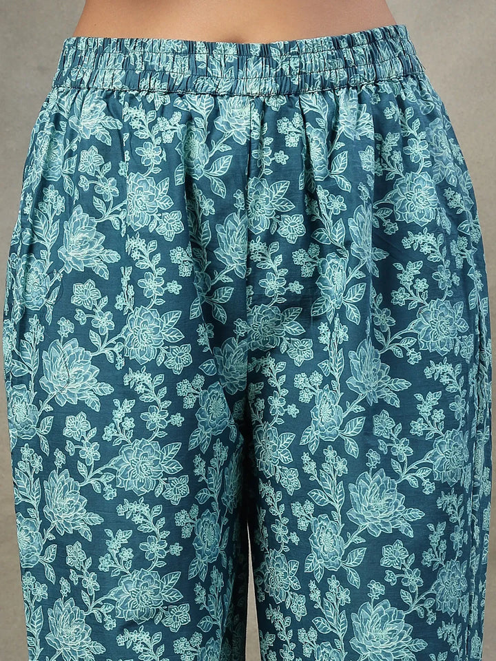 Teal  Floral Print Sequins Work Cotton A-Line Kurta And Trouser With Dupatta Set