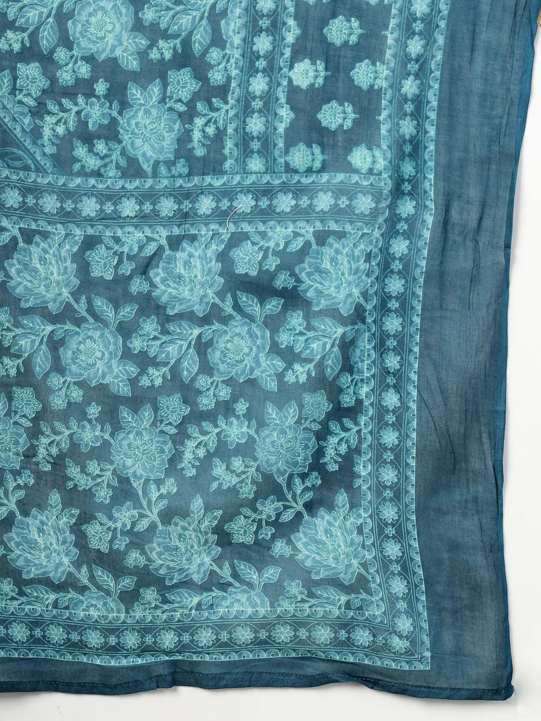 Teal  Floral Print Sequins Work Cotton A-Line Kurta And Trouser With Dupatta Set