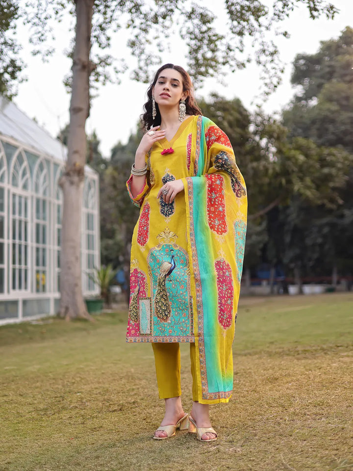 Cotton Lime Green Straight Pakistani Kurta Trouser Dupatta Set