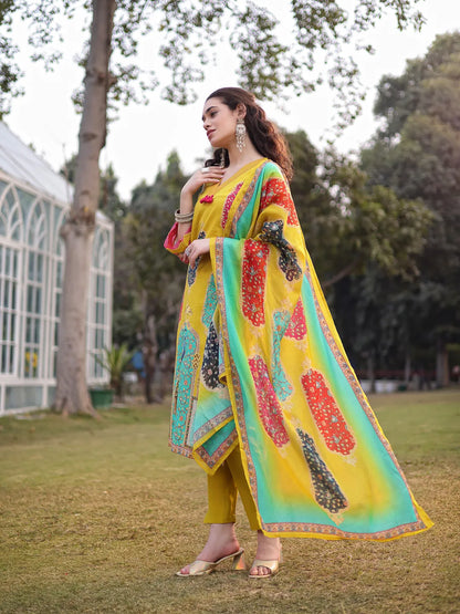 Cotton Lime Green Straight Pakistani Kurta Trouser Dupatta Set