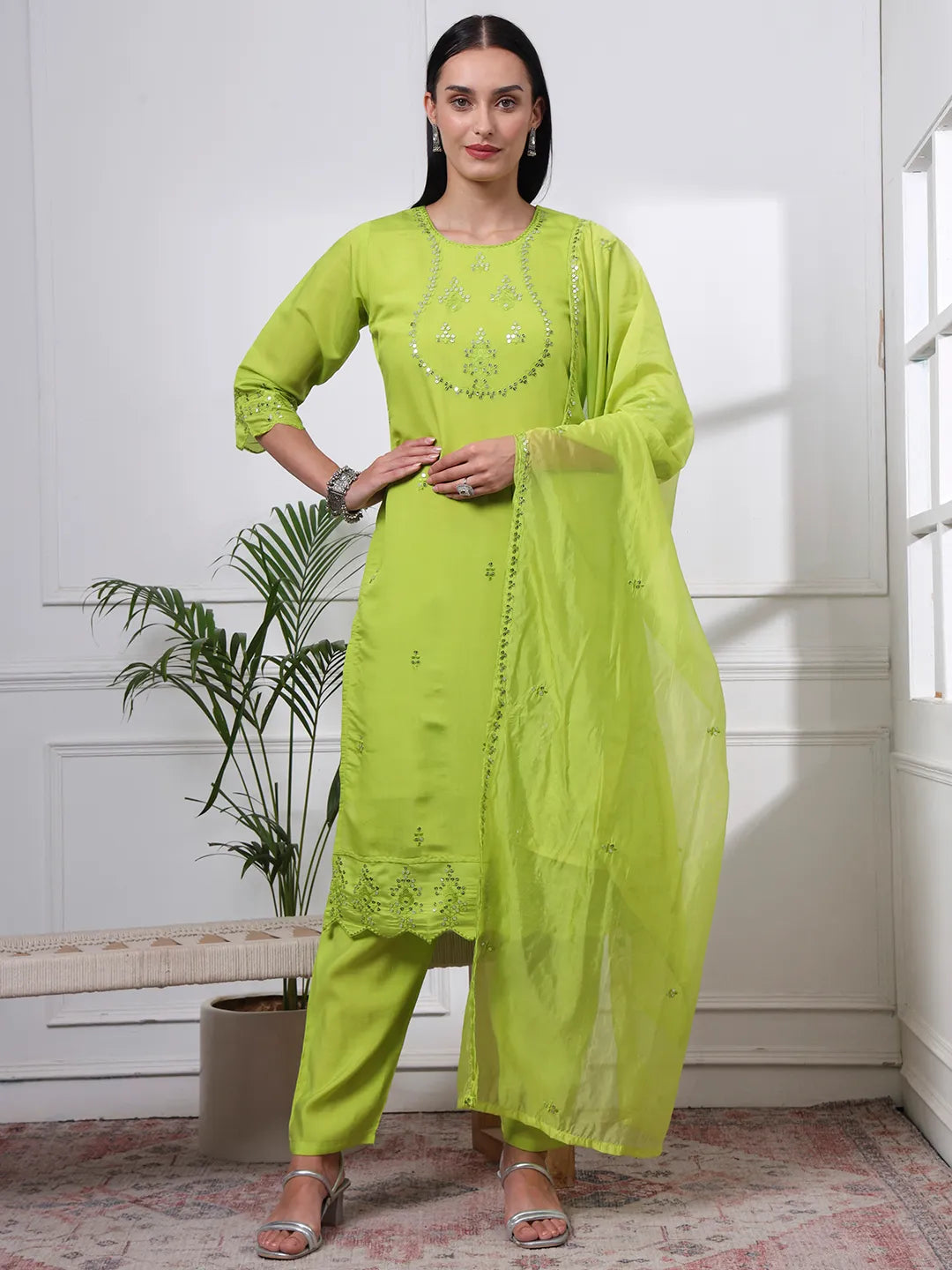 Silk Blend Lime Green Straight Kurta Dupatta Pant Set Cotton Lining Kurta