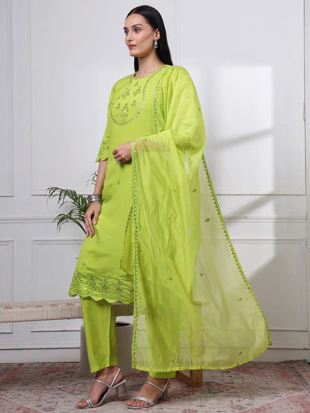 Silk Blend Lime Green Straight Kurta Dupatta Pant Set Cotton Lining Kurta