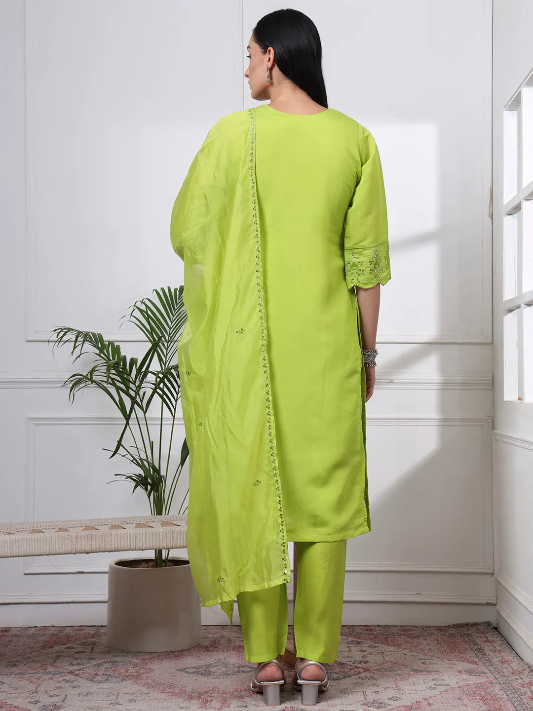 Silk Blend Lime Green Straight Kurta Dupatta Pant Set Cotton Lining Kurta