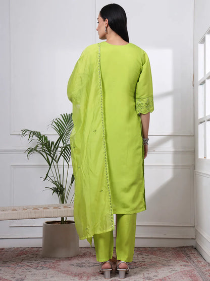 Silk Blend Lime Green Straight Kurta Dupatta Pant Set Cotton Lining Kurta
