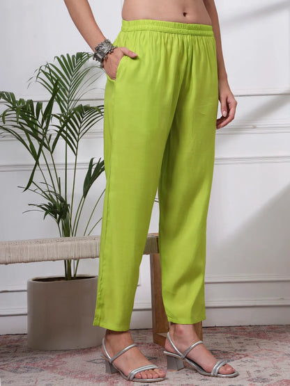 Silk Blend Lime Green Straight Kurta Dupatta Pant Set Cotton Lining Kurta