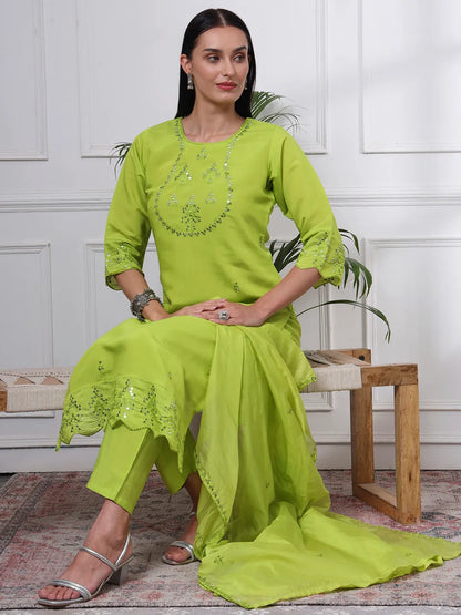 Silk Blend Lime Green Straight Kurta Dupatta Pant Set Cotton Lining Kurta