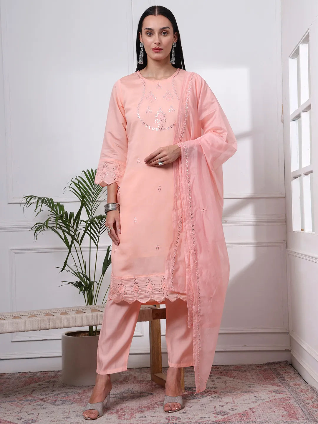 Silk Blend Peach Straight Kurta Dupatta Pant Set Cotton Lining Kurta