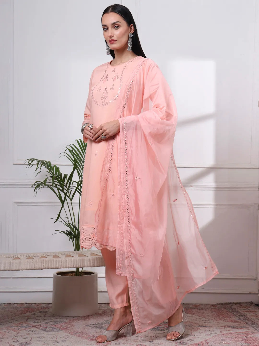 Silk Blend Peach Straight Kurta Dupatta Pant Set Cotton Lining Kurta