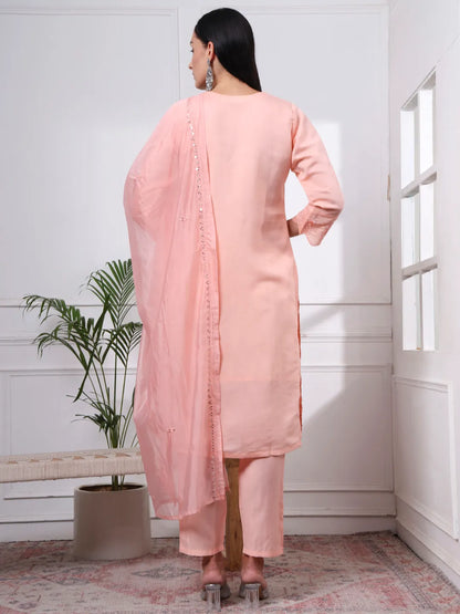Silk Blend Peach Straight Kurta Dupatta Pant Set Cotton Lining Kurta