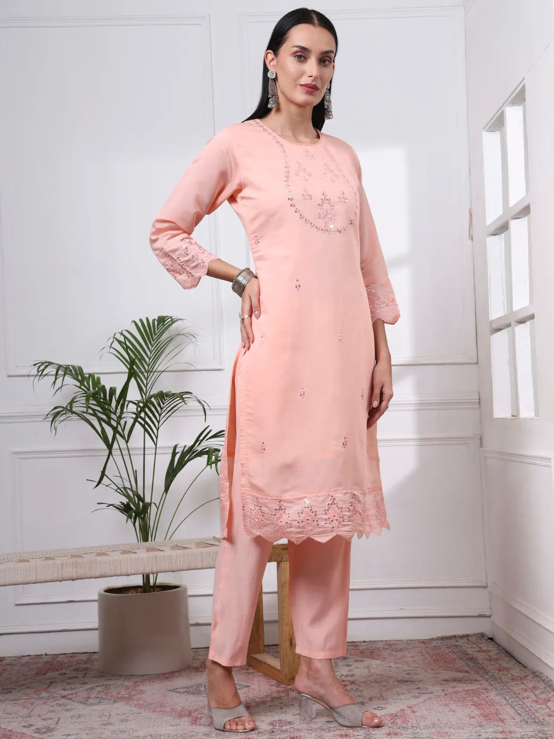 Silk Blend Peach Straight Kurta Dupatta Pant Set Cotton Lining Kurta