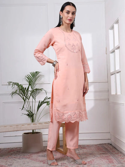 Silk Blend Peach Straight Kurta Dupatta Pant Set Cotton Lining Kurta