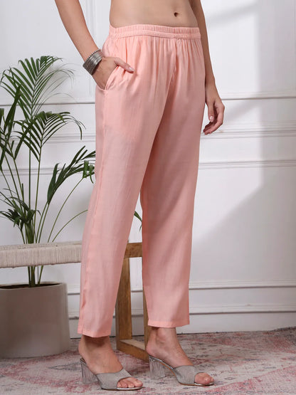 Silk Blend Peach Straight Kurta Dupatta Pant Set Cotton Lining Kurta