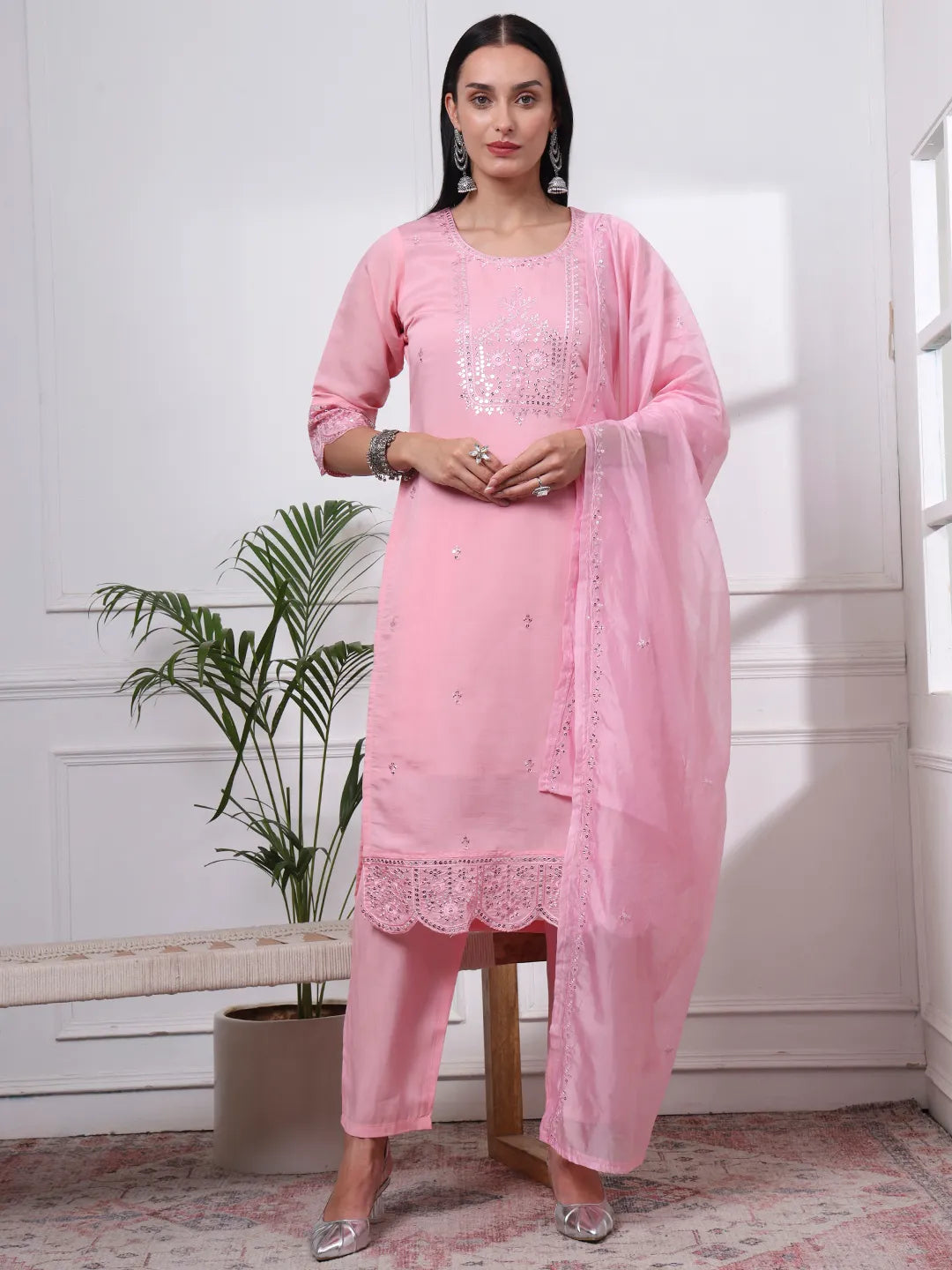Silk Blend Pink Straight Kurta Dupatta Pant Set Cotton Lining Kurta
