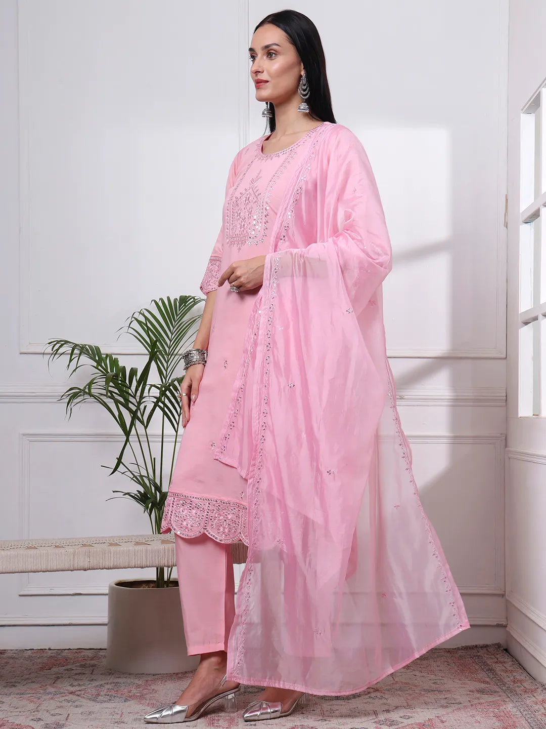 Silk Blend Pink Straight Kurta Dupatta Pant Set Cotton Lining Kurta