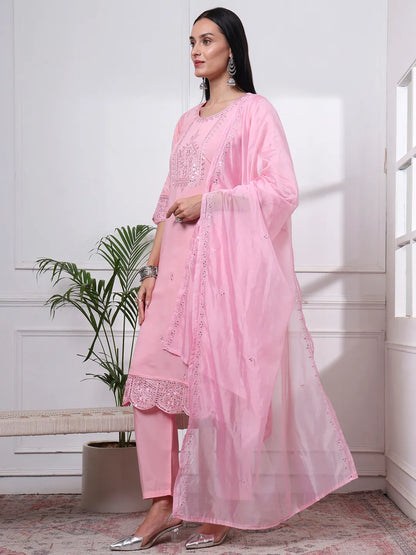 Silk Blend Pink Straight Kurta Dupatta Pant Set Cotton Lining Kurta