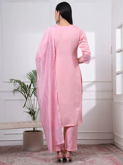 Silk Blend Pink Straight Kurta Dupatta Pant Set Cotton Lining Kurta