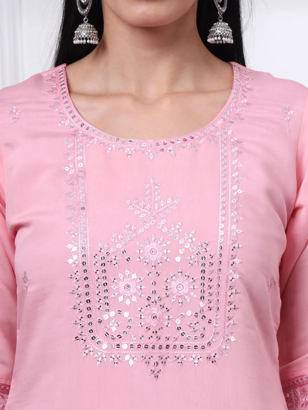 Silk Blend Pink Straight Kurta Dupatta Pant Set Cotton Lining Kurta