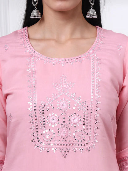 Silk Blend Pink Straight Kurta Dupatta Pant Set Cotton Lining Kurta