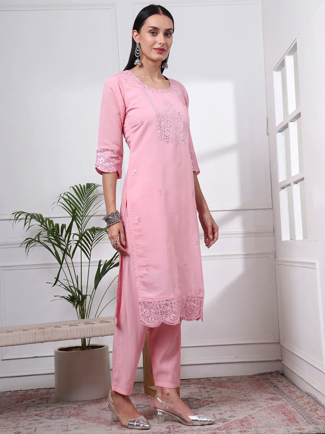 Silk Blend Pink Straight Kurta Dupatta Pant Set Cotton Lining Kurta