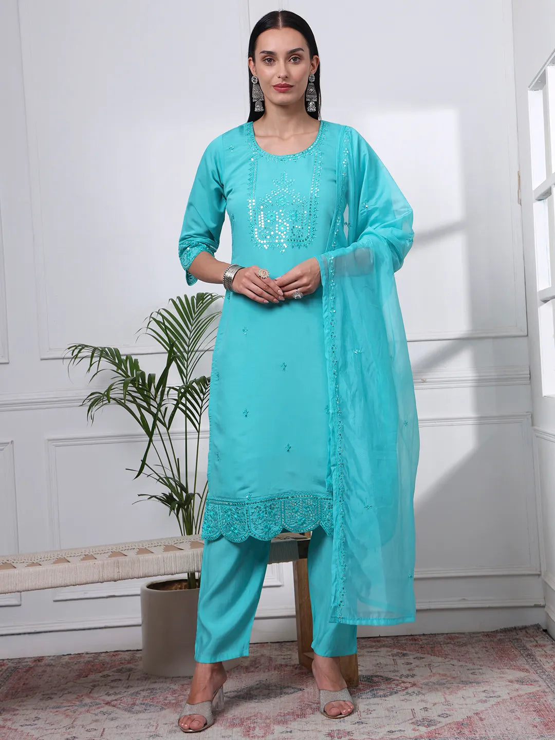 Women's Green Silk Blend Silk Blend Sea Green Straight Kurta Dupatta Pant Set Cotton Lining Kurta by Yufta, suitable for wholesale buyers, boutiques, retailers, resellers and bulk fashion orders from Trendphoria