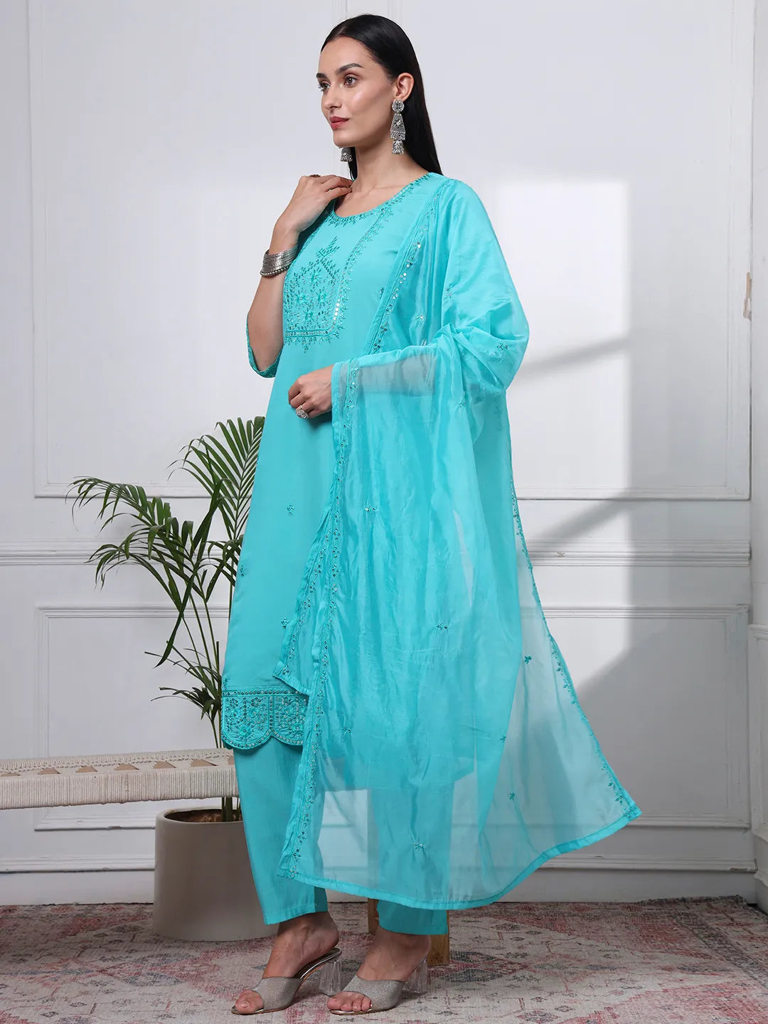 Silk Blend Sea Green Straight Kurta Dupatta Pant Set Cotton Lining Kurta