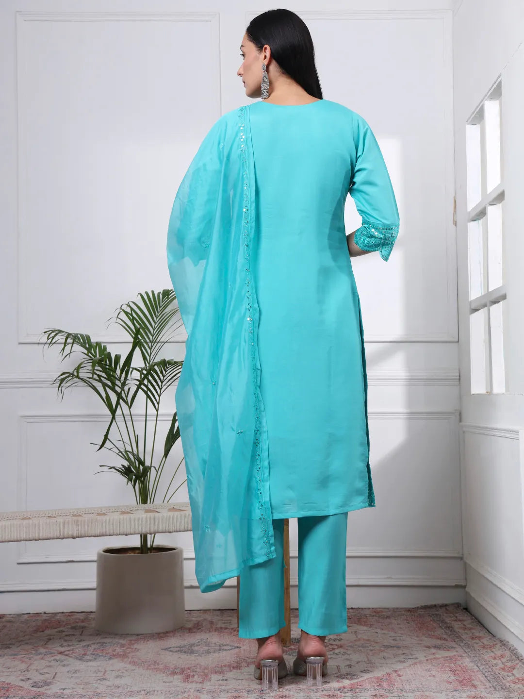 Silk Blend Sea Green Straight Kurta Dupatta Pant Set Cotton Lining Kurta