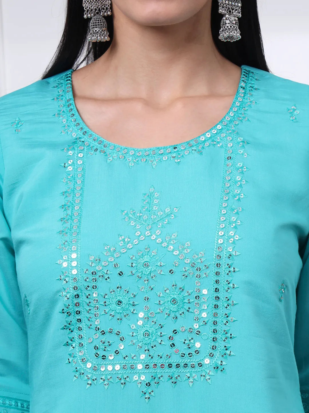 Silk Blend Sea Green Straight Kurta Dupatta Pant Set Cotton Lining Kurta