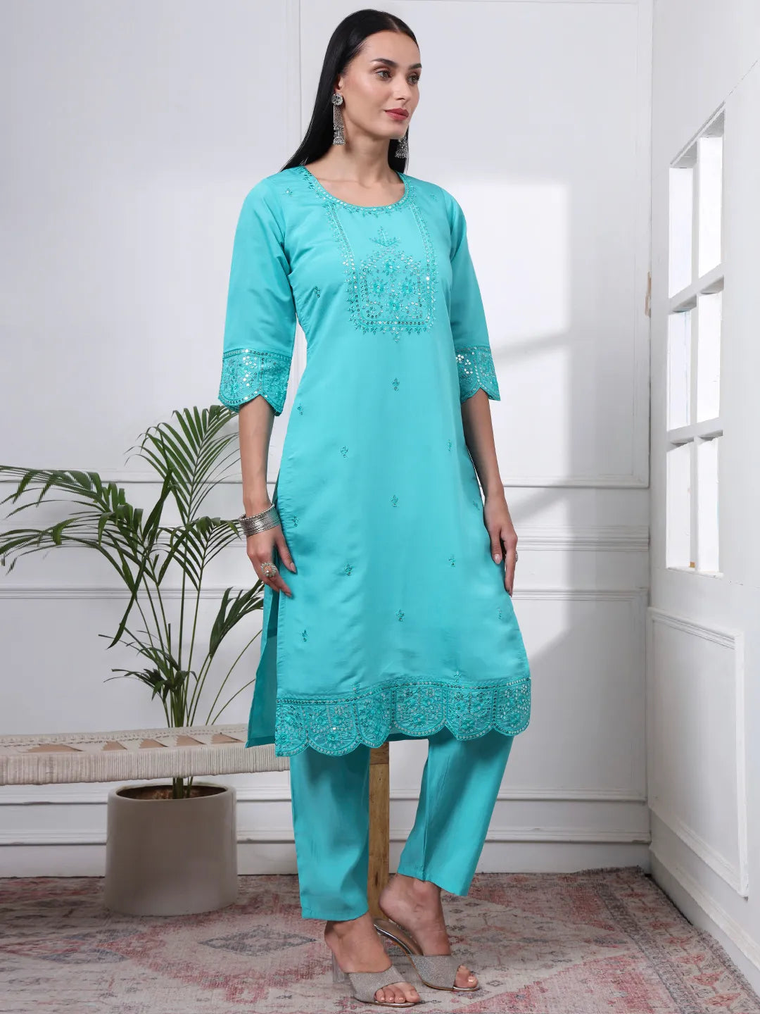 Silk Blend Sea Green Straight Kurta Dupatta Pant Set Cotton Lining Kurta