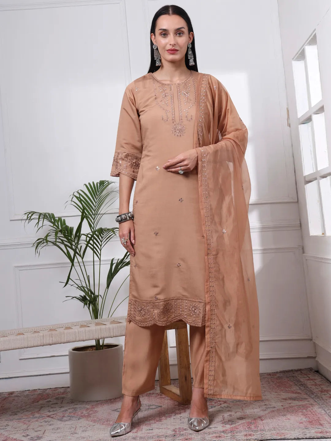 Women's Beige Cotton Beige Silk Blend Straight Kurta Dupatta Pant Set Cotton Lining Kurta by Yufta, suitable for wholesale buyers, boutiques, retailers, resellers and bulk fashion orders from Trendphoria