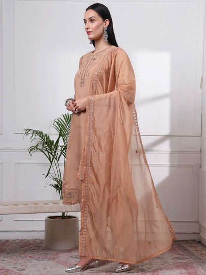 Beige Silk Blend Straight Kurta Dupatta Pant Set Cotton Lining Kurta