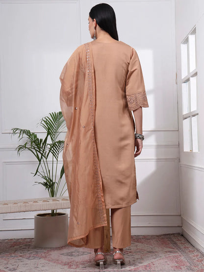 Beige Silk Blend Straight Kurta Dupatta Pant Set Cotton Lining Kurta