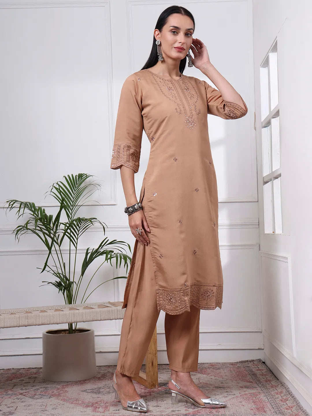 Beige Silk Blend Straight Kurta Dupatta Pant Set Cotton Lining Kurta